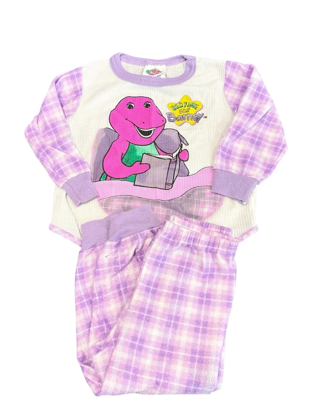 Vintage Barney pajama set girls 3T Bedtime pjs 90s purple plaid